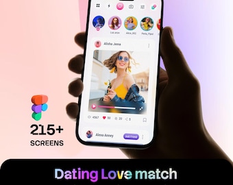 Puede incluir: Un teléfono inteligente que muestra una interfaz de aplicación de citas con la foto de perfil de una persona con top amarillo, iconos de navegación y métricas. La pantalla muestra el texto Dating Love match Mobile App Figma UI Kits y 215+ SCREENS.
