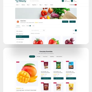 Puede incluir: Una interfaz de tienda digital para Storly que presenta un banner con productos frescos, un perfil de tienda para Brown Store y una cuadr&iacute;cula de productos que muestra diversos art&iacute;culos alimenticios como mangos, leche, chips, salchichas y snacks.