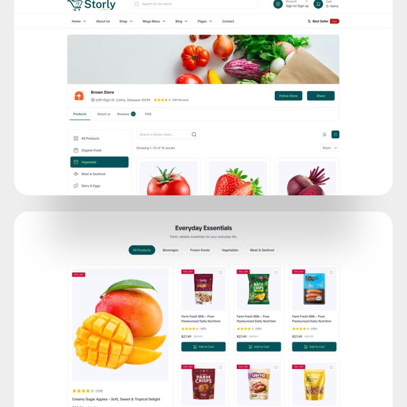 Puede incluir: Una interfaz de tienda digital para Storly que presenta un banner con productos frescos, un perfil de tienda para Brown Store y una cuadr&iacute;cula de productos que muestra diversos art&iacute;culos alimenticios como mangos, leche, chips, salchichas y snacks.