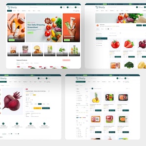 Puede incluir: Una interfaz digital para un sitio web de comestibles en l&iacute;nea llamado Storly, que presenta m&uacute;ltiples vistas de pantalla que incluyen una p&aacute;gina de inicio con categor&iacute;as de productos, una p&aacute;gina de tienda con productos frescos, una p&aacute;gina de detalles de producto para remolachas y una p&aacute;gina de resultados de b&uacute;squeda filtrados.