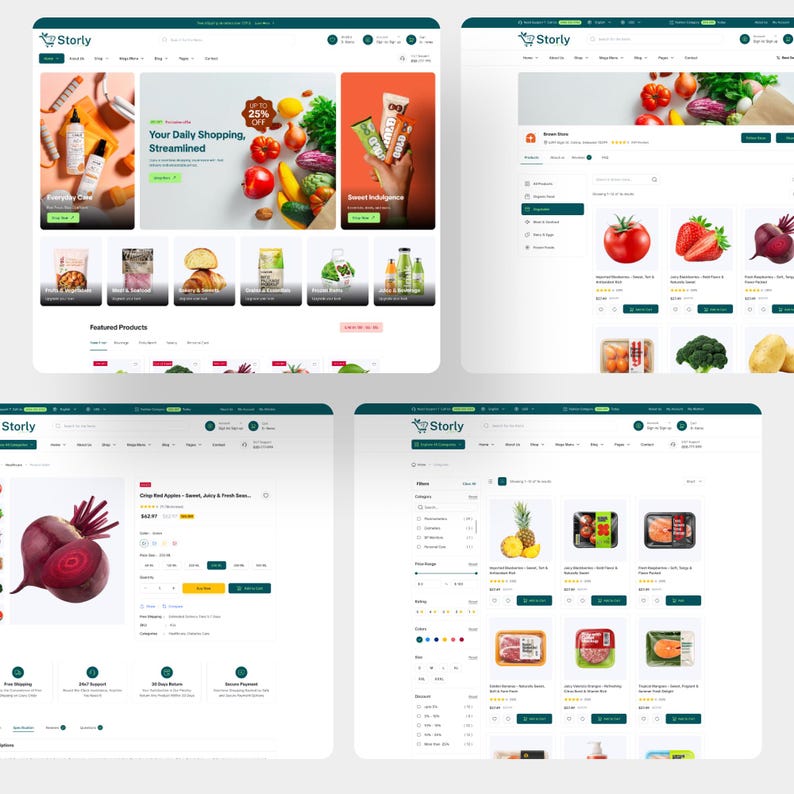 Puede incluir: Una interfaz digital para un sitio web de comestibles en l&iacute;nea llamado Storly, que presenta m&uacute;ltiples vistas de pantalla que incluyen una p&aacute;gina de inicio con categor&iacute;as de productos, una p&aacute;gina de tienda con productos frescos, una p&aacute;gina de detalles de producto para remolachas y una p&aacute;gina de resultados de b&uacute;squeda filtrados.