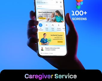 Puede incluir: Un teléfono inteligente que muestra una interfaz de aplicación móvil de servicios de cuidado con fondo azul. La pantalla presenta opciones de reserva y perfiles. El texto incluye 100+ SCREENS y Caregiver Service Mobile App Figma UI Kits.
