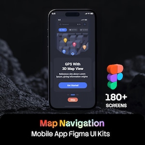 May include: A smartphone displaying a dark-themed mobile app interface with a 3D map view, GPS navigation features, and a Get Started button. The screen shows the text GPS With 3D Map View. Beside the phone is a Figma logo and the text 180+ SCREENS.