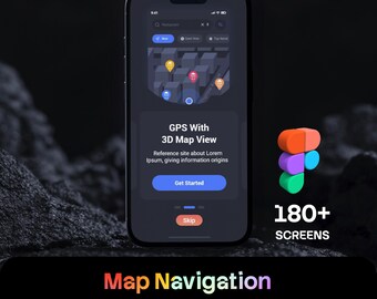 Puede incluir: Un teléfono inteligente que muestra una interfaz de aplicación móvil con tema oscuro, vista de mapa 3D, funciones de navegación GPS y un botón Get Started. La pantalla muestra el texto GPS With 3D Map View. Junto al teléfono hay un logo de Figma.