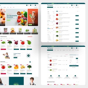 Puede incluir: Una interfaz digital para el sitio web de comercio electr&oacute;nico Storly, que presenta una p&aacute;gina de inicio con categor&iacute;as de productos, una barra de b&uacute;squeda y art&iacute;culos destacados. Incluye una lista de productos con filtros y un carrito.