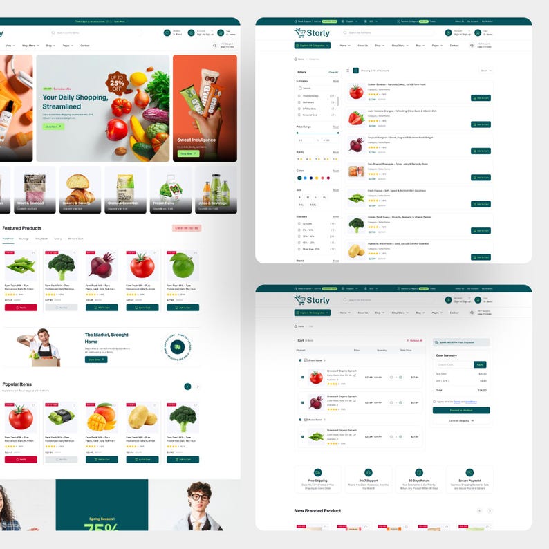 Puede incluir: Una interfaz digital para el sitio web de comercio electr&oacute;nico Storly, que presenta una p&aacute;gina de inicio con categor&iacute;as de productos, una barra de b&uacute;squeda y art&iacute;culos destacados. Incluye una lista de productos con filtros y un carrito.