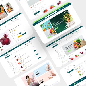 Puede incluir: Una colecci&oacute;n de dise&ntilde;os de interfaz web para una plataforma de comercio electr&oacute;nico llamada Storly, que presenta listados de productos como remolachas, tomates y fresas, junto con art&iacute;culos de cuidado personal, men&uacute;s y carritos.