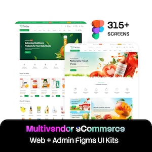 May include: A digital interface design kit for a multivendor e-commerce platform titled Cartsy, featuring 315+ screens for web and admin use. The layout displays product categories, healthcare items, fresh produce, and promotional banners in Figma.