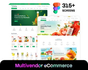 Puede incluir: Un kit de diseño de interfaz digital para una plataforma de comercio electrónico multivendedor llamada Cartsy, con más de 315 pantallas para web y administración. El diseño muestra categorías de productos, artículos de salud y frescos.