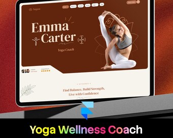 Puede incluir: Una plantilla de sitio web digital para un instructor de yoga mostrada en una pantalla de tableta. La interfaz presenta un fondo marrón con el texto Emma Carter Yoga Coach, una persona practicando yoga y el texto Find Balance, Build Strength, Live with Confidence.