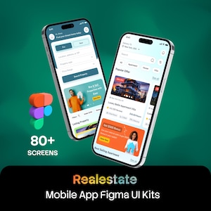 Puede incluir: Dos teléfonos inteligentes que muestran una interfaz de aplicación móvil de bienes raíces con filtros de búsqueda, listados de propiedades y banners promocionales. El texto dice Realestate Mobile App Figma UI Kits y 80+ SCREENS, con un icono 3D colorido.