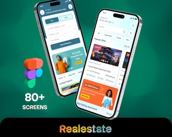 Puede incluir: Dos teléfonos inteligentes que muestran una interfaz de aplicación móvil de bienes raíces con filtros de búsqueda, listados de propiedades y banners promocionales. El texto dice Realestate Mobile App Figma UI Kits y 80+ SCREENS, con un icono 3D colorido.