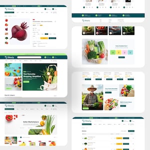 Puede incluir: Una colecci&oacute;n de dise&ntilde;os de p&aacute;ginas web para una tienda de comestibles en l&iacute;nea llamada Storly, que presenta listados de productos frescos como remolachas y manzanas, navegaci&oacute;n por categor&iacute;as, interfaces de carrito y banners promocionales.