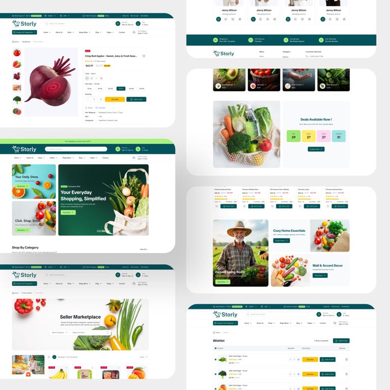 Puede incluir: Una colecci&oacute;n de dise&ntilde;os de p&aacute;ginas web para una tienda de comestibles en l&iacute;nea llamada Storly, que presenta listados de productos frescos como remolachas y manzanas, navegaci&oacute;n por categor&iacute;as, interfaces de carrito y banners promocionales.