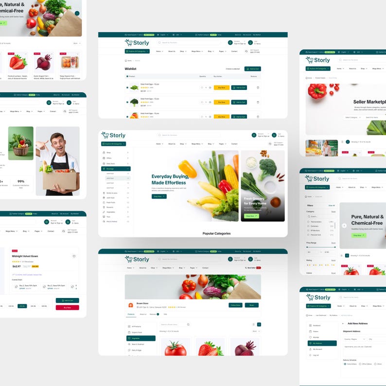 Puede incluir: Una colecci&oacute;n de dise&ntilde;os de interfaz web para una tienda de comestibles en l&iacute;nea llamada Storly, que presenta varios dise&ntilde;os que incluyen una lista de deseos, categor&iacute;as de productos, filtros de b&uacute;squeda y configuraciones de cuenta de usuario.