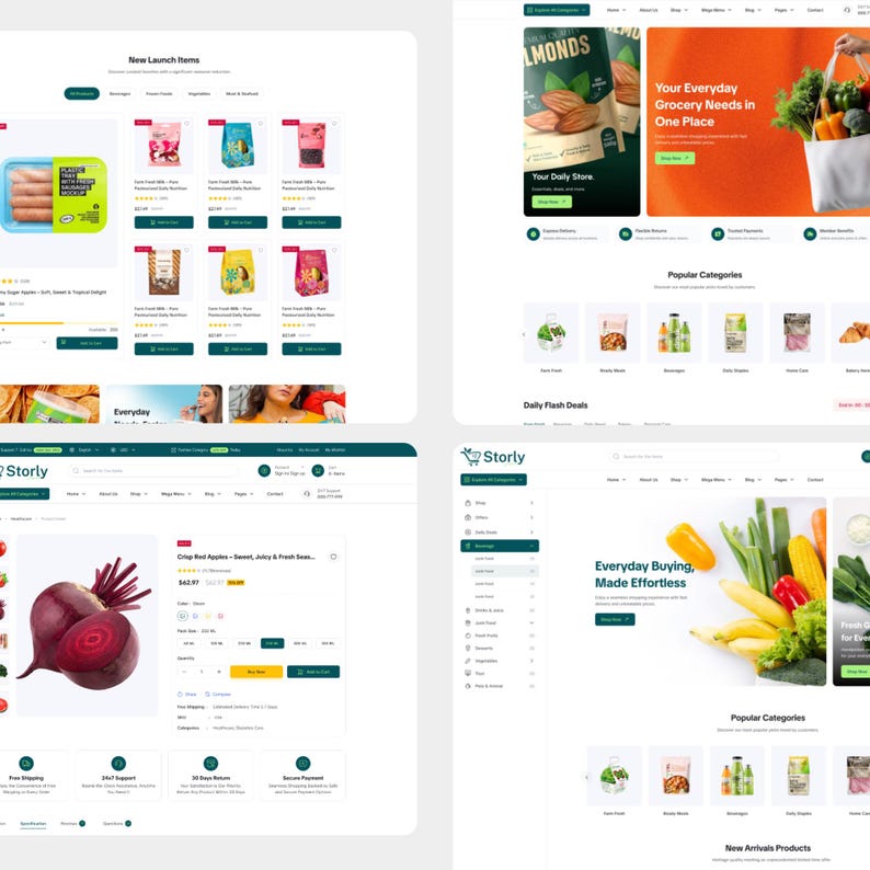 Puede incluir: Una interfaz digital para un sitio web de comercio electr&oacute;nico de comestibles llamado Storly, que presenta listados de productos, navegaci&oacute;n por categor&iacute;as, barras de b&uacute;squeda y banners promocionales con im&aacute;genes de productos frescos.