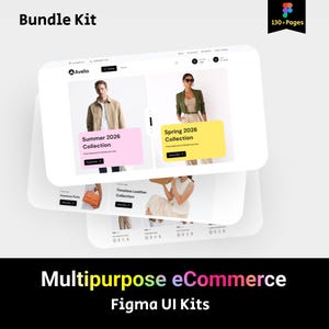 May include: A digital interface design kit for an e-commerce website titled Avelio, featuring multiple layered screen layouts. The UI displays product collections, navigation menus, and promotional banners with text like Summer 2026 Collection.