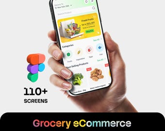 Puede incluir: Un teléfono inteligente que muestra la interfaz de una aplicación móvil de comercio electrónico de comestibles con una barra de búsqueda, iconos de categorías para frutas, verduras, huevos y pescado, y una lista de productos vendidos.