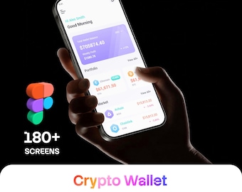 Puede incluir: Un teléfono inteligente que muestra la interfaz de una aplicación móvil de billetera criptográfica con una tarjeta de saldo morada, datos de cartera y listados de mercado. La pantalla incluye "Hi Alex Smith", "Good Morning" y "180+ SCREENS".