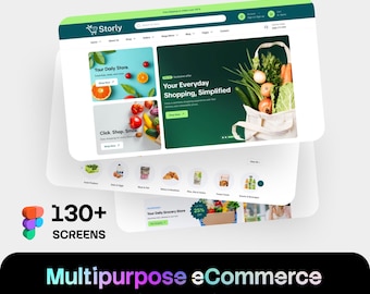 Puede incluir: Un diseño de interfaz digital para una tienda de comestibles en línea llamada Storly, que incluye una barra de navegación, un campo de búsqueda y categorías de productos. El diseño presenta banners promocionales con productos frescos y el texto Your Daily Store y Your Everyday Shopping, Simplified.