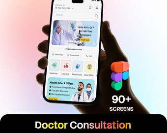 Puede incluir: Un teléfono inteligente que muestra una interfaz de aplicación móvil médica con una barra de búsqueda, iconos de navegación para medicamentos y pruebas de laboratorio, y banners promocionales. La pantalla muestra texto como Upto 40% OFF.