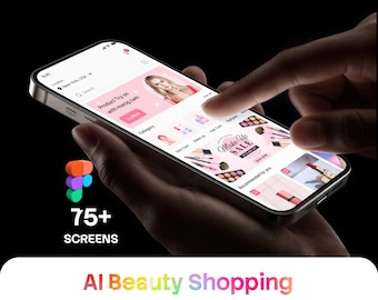 Puede incluir: Un teléfono inteligente que muestra una interfaz de aplicación móvil de compras de belleza con IA en tonos rosa y blanco, con categorías de productos, un banner de ofertas y el texto 75+ SCREENS, AI Beauty Shopping y Mobile App Figma UI Kits.