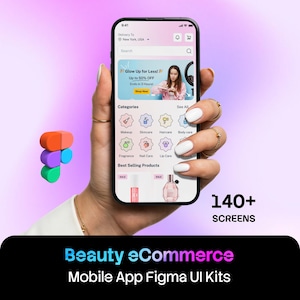 Può includere: Uno smartphone che mostra l'interfaccia di un'app mobile di e-commerce di bellezza con categorie come trucco, cura della pelle e cura dei capelli. Lo schermo presenta un banner promozionale, elenchi di prodotti e icone. Testo: 140+ SCREENS e Beauty eCommerce Mobile App Figma UI Kits.