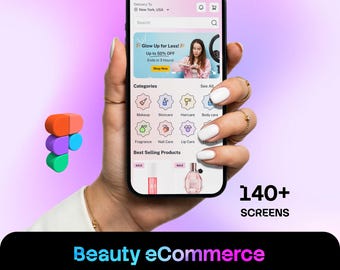 Puede incluir: Un teléfono inteligente que muestra una interfaz de aplicación móvil de comercio electrónico de belleza con categorías como maquillaje, cuidado de la piel y cuidado del cabello. La pantalla incluye un banner promocional, productos e iconos. Texto: 140+ SCREENS y Beauty eCommerce Mobile App Figma UI Kits.