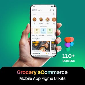 Könnte beinhalten: Ein Smartphone zeigt eine Benutzeroberfläche für eine Lebensmittel-E-Commerce-App mit Kategorie-Symbolen, trendigen Lebensmitteln und Suchfunktion. Der Bildschirm zeigt Text wie "Explore More", "Trending Now" und "110+ Screens" mit einem Figma-Logo.