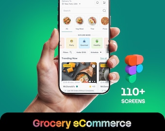 Puede incluir: Un teléfono inteligente que muestra una interfaz de aplicación móvil de comercio electrónico de comestibles con iconos de categorías, artículos de tendencia y búsqueda. La pantalla muestra "Explore More", "Trending Now" y "110+ Screens" con un logo de Figma.