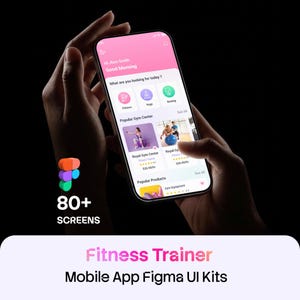May include: A mobile phone displaying a fitness app interface with a pink header, navigation icons, and gym center listings. The screen shows text including Hi Jhon Smith, Good Morning, Fitness, Yoga, Boxing, and Royal Gym Center. Includes 80+ screens.