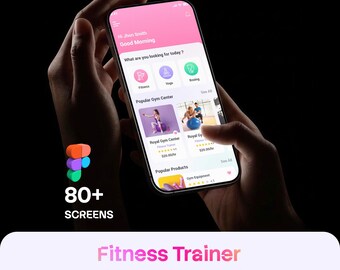Puede incluir: Un teléfono móvil que muestra una interfaz de aplicación de fitness con un encabezado rosa, iconos de navegación y listados de gimnasios. La pantalla muestra texto que incluye Hi Jhon Smith, Good Morning, Fitness, Yoga, Boxing y Royal Gym Center.