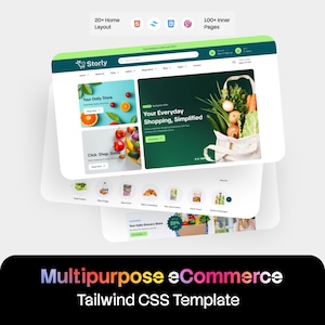 May include: A digital mockup of a multipurpose e-commerce website template named Storly, featuring a green and white interface with product categories, a grocery shopping hero section, and navigation menus, displayed on a layered screen layout.