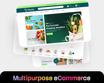 Puede incluir: Una maqueta digital de una plantilla de sitio web de comercio electrónico multipropósito llamada Storly, con una interfaz verde y blanca, categorías de productos, una sección principal de comestibles y menús de navegación en un diseño superpuesto.