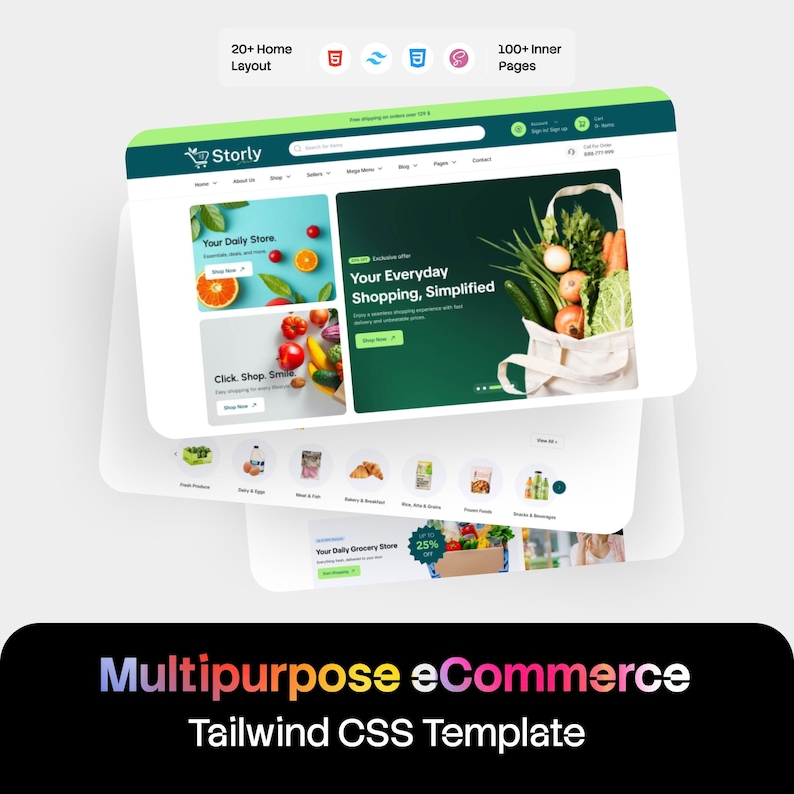 Puede incluir: Una maqueta digital de una plantilla de sitio web de comercio electr&oacute;nico multiprop&oacute;sito llamada Storly, con una interfaz verde y blanca, categor&iacute;as de productos, una secci&oacute;n principal de comestibles y men&uacute;s de navegaci&oacute;n en un dise&ntilde;o superpuesto.
