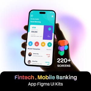 Puede incluir: Un teléfono inteligente que muestra una interfaz de aplicación de banca móvil fintech con una tarjeta Visa, saldo de $50,000 e historial de transacciones. La pantalla muestra Hi Alex Smith, Good Morning y Recent Transaction. Incluye 220+ screens.