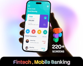Puede incluir: Un teléfono inteligente que muestra una interfaz de aplicación de banca móvil fintech con una tarjeta Visa, saldo de $50,000 e historial de transacciones. La pantalla muestra Hi Alex Smith, Good Morning y Recent Transaction. Incluye 220+ screens.