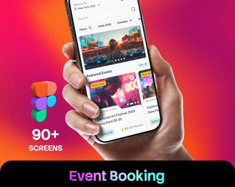 Puede incluir: Un teléfono inteligente que muestra una interfaz de aplicación móvil de reserva de eventos con barra de búsqueda, filtros y tarjetas de eventos. La pantalla muestra el California Art Festival. El texto 90+ SCREENS y Event Booking Mobile App Figma UI Kits aparece.