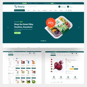 Puede incluir: Una interfaz de sitio web para Storly que presenta una p&aacute;gina de inicio con un gr&aacute;fico de contenedor de alimentos, una p&aacute;gina de categor&iacute;a de productos con varios art&iacute;culos de abarrotes y una p&aacute;gina de detalle de producto con una remolacha.