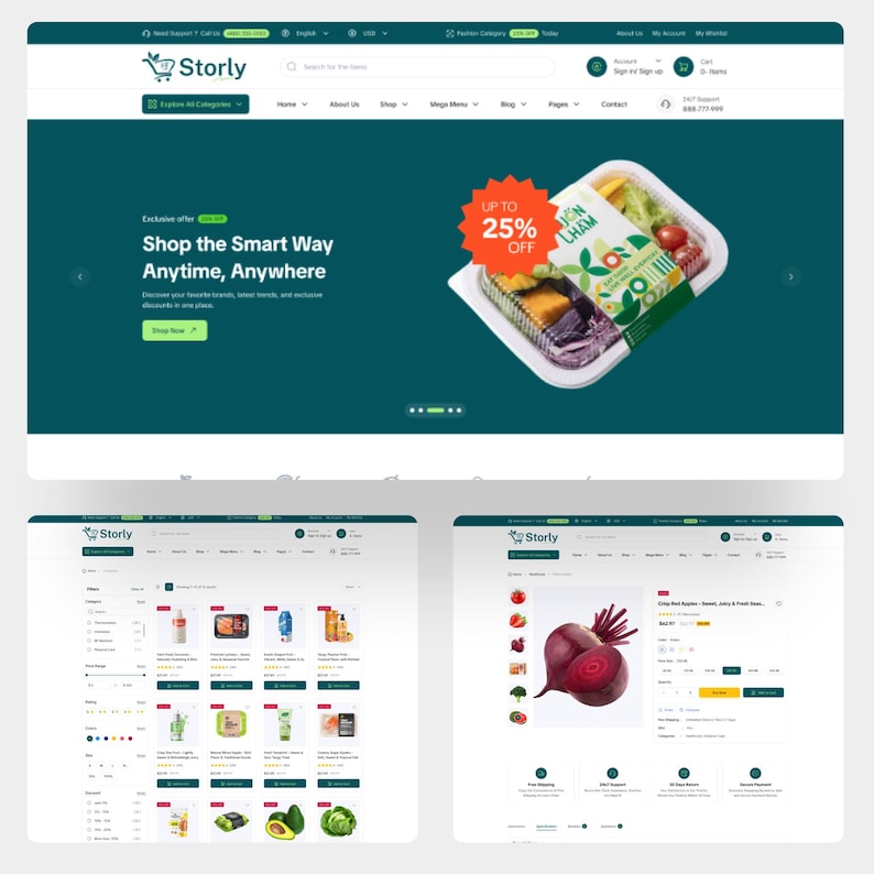 Puede incluir: Una interfaz de sitio web para Storly que presenta una p&aacute;gina de inicio con un gr&aacute;fico de contenedor de alimentos, una p&aacute;gina de categor&iacute;a de productos con varios art&iacute;culos de abarrotes y una p&aacute;gina de detalle de producto con una remolacha.
