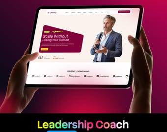 Puede incluir: Una pantalla de tableta que muestra una plantilla de sitio web titulada Leadify, con una fotografía de una persona en traje azul sosteniendo un micrófono, el texto Scale Without Losing Your Culture y la sección Trust by Leading Brand.