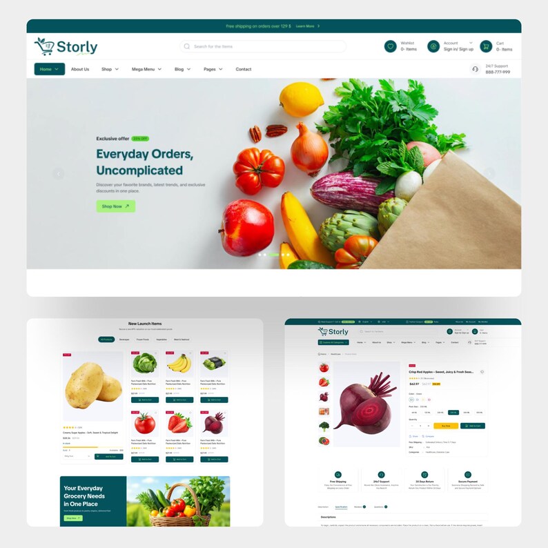 Puede incluir: Una interfaz de sitio web para Storly con un dise&ntilde;o de tienda de comestibles. La p&aacute;gina de inicio muestra productos frescos como manzanas, pl&aacute;tanos y verduras. Las p&aacute;ginas de productos muestran art&iacute;culos como patatas y remolachas con precios.