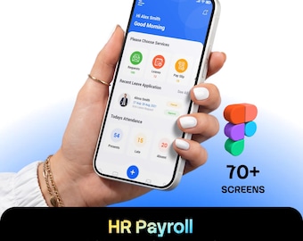 Puede incluir: Un teléfono inteligente que muestra una interfaz de aplicación móvil de nómina de RR.HH. con encabezado azul, fondo blanco e iconos coloridos para solicitudes, vacaciones y nóminas. La pantalla muestra datos de asistencia y el texto HR Payroll Mobile App Figma UI Kits.