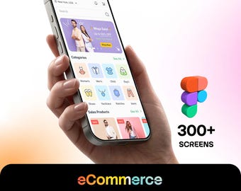Puede incluir: Un smartphone que muestra una interfaz de aplicación móvil de comercio electrónico con un menú de categorías, listados de productos y un banner promocional. A la derecha, un icono 3D de Figma sobre el texto 300+ SCREENS. Abajo, el texto dice e-Commerce Mobile App Figma UI Kits.