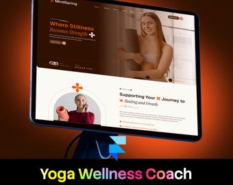 Puede incluir: Una tableta digital que muestra un sitio web titulado MindSpring con el texto Where Stillness Becomes Strength y Supporting Your Journey to Healing and Growth. La pantalla muestra imágenes de personas con esterillas de yoga y texto.