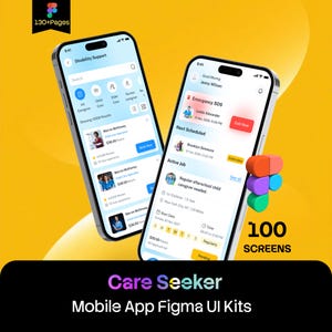 Puede incluir: Dos teléfonos inteligentes que muestran una interfaz de aplicación móvil titulada Care Seeker. Las pantallas muestran un panel de apoyo a la discapacidad con perfiles de cuidadores, filtros de búsqueda y una función de SOS de emergencia.