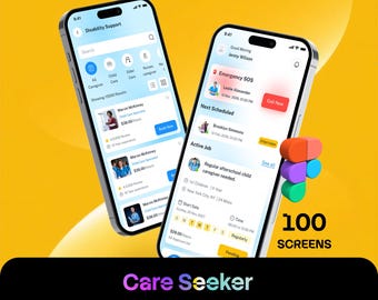 Puede incluir: Dos teléfonos inteligentes que muestran una interfaz de aplicación móvil titulada Care Seeker. Las pantallas muestran un panel de apoyo a la discapacidad con perfiles de cuidadores, filtros de búsqueda y una función de SOS de emergencia.