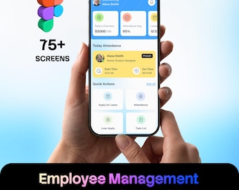 Puede incluir: Un teléfono inteligente que muestra una interfaz de aplicación móvil de gestión de empleados con un panel que muestra salario, asistencia y botones de acción rápida. La pantalla incluye el texto 75+ SCREENS, Employee Management y Mobile App Figma UI Kits.