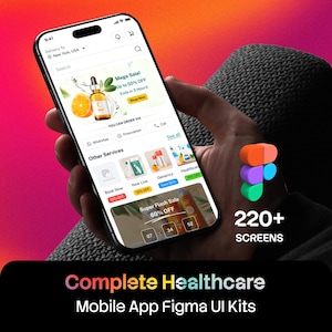 Op de afbeelding: Een smartphone met een interface voor een zorg-app, inclusief een Mega Sale-banner, productcategorieën en een Super Flash Sale-afteltimer. Op het scherm staat de tekst Complete Healthcare Mobile App Figma UI Kits en 220+ Screens.