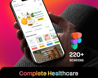 Puede incluir: Un teléfono inteligente que muestra una interfaz de aplicación móvil de salud con un banner de Mega Sale, categorías de productos y un temporizador de cuenta regresiva de Super Flash Sale. La pantalla incluye el texto Complete Healthcare Mobile App Figma UI Kits y 220+ Screens.